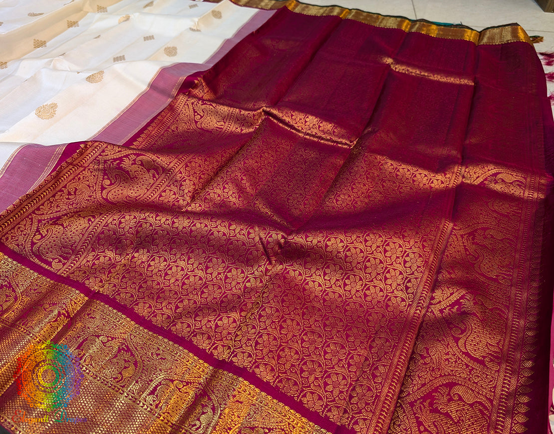 Off White Red Pure Kanjivaram Silk Saree – Handloom Saree Online India | Elegantt Drapes