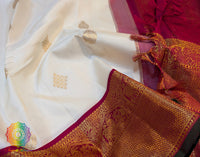 Off White Red Pure Kanjivaram Silk Saree – Handloom Saree Online India | Elegantt Drapes