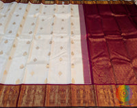 Off White Red Pure Kanjivaram Silk Saree – Handloom Saree Online India | Elegantt Drapes