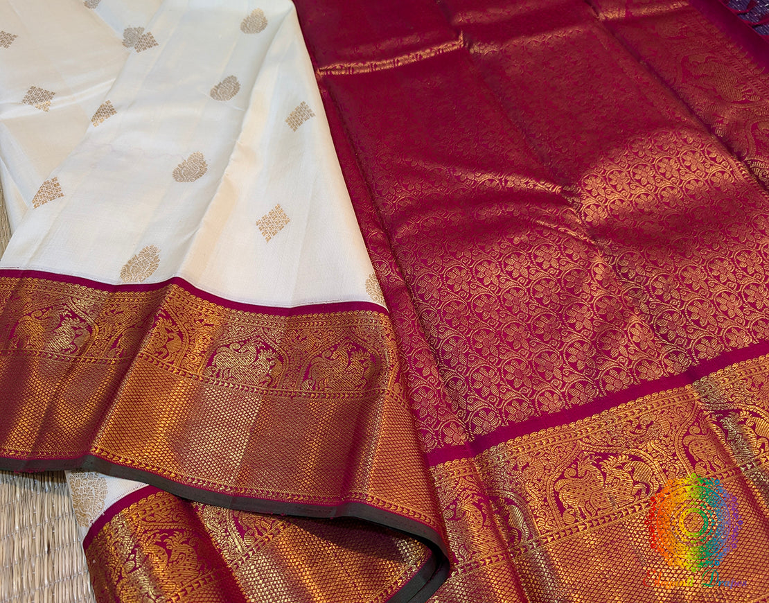 Off White Red Pure Kanjivaram Silk Saree – Handloom Saree Online India | Elegantt Drapes