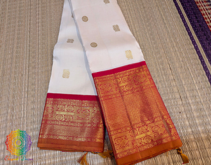 White Red Pure Kanjivaram Silk Saree – Handloom Saree Online India | Elegantt Drapes