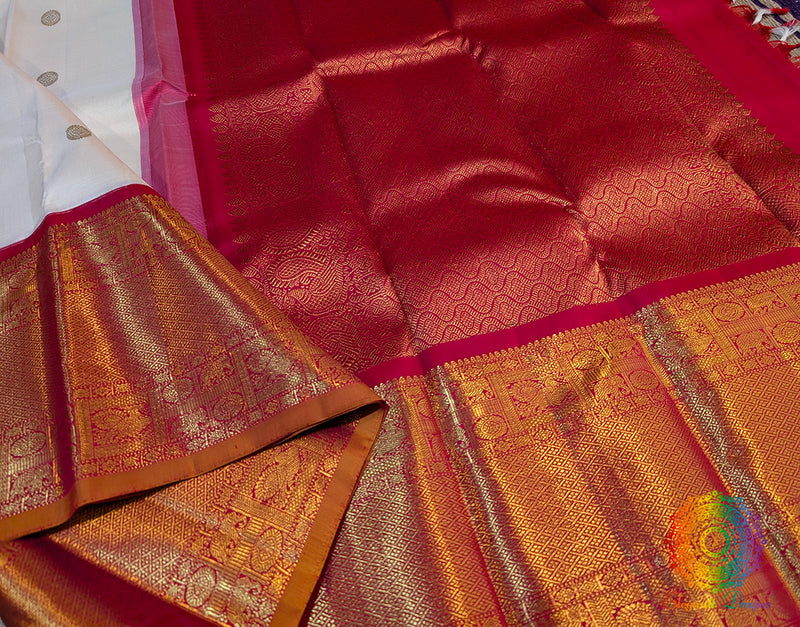 White Red Pure Kanjivaram Silk Saree – Handloom Saree Online India | Elegantt Drapes