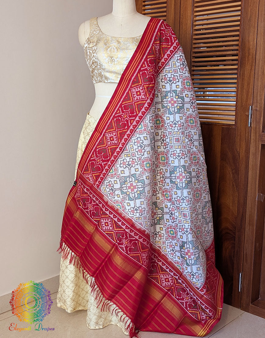White Red Pure Mulberry Silk Patola Dupatta – Handloom Saree Online India | Elegantt Drapes