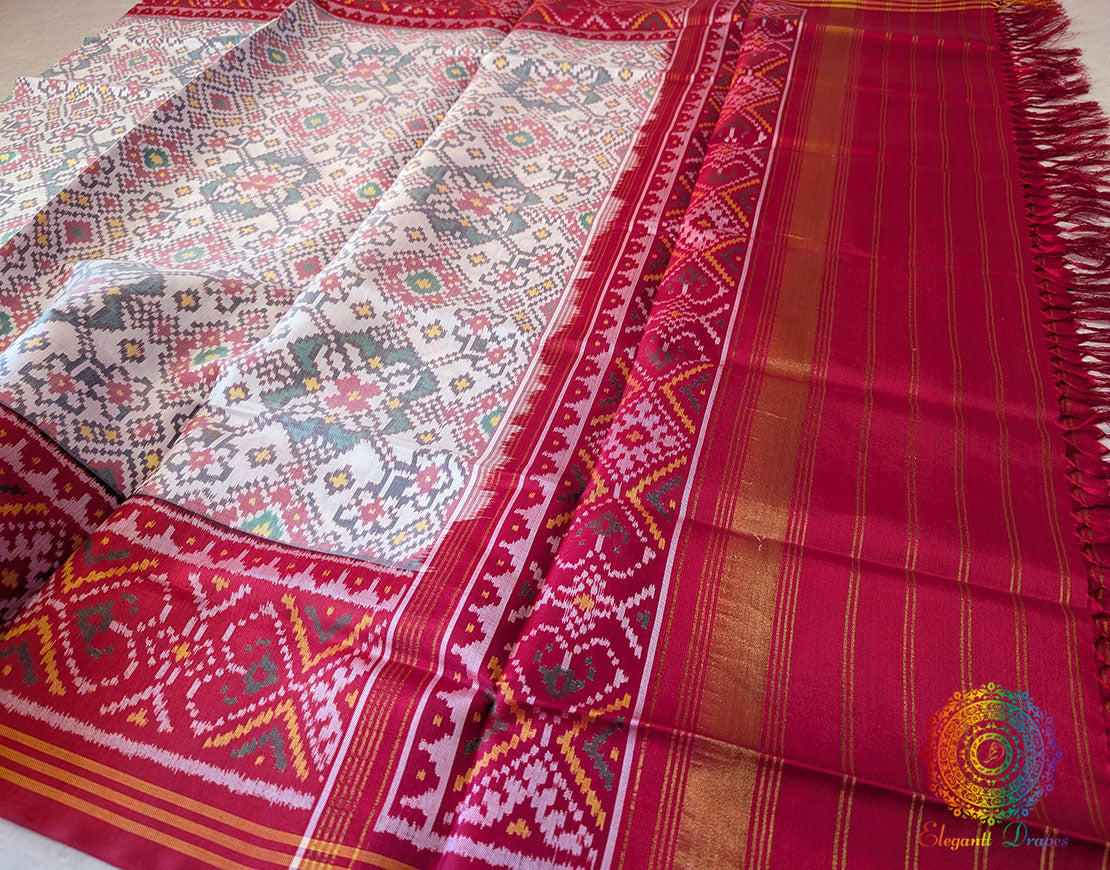 White Red Pure Mulberry Silk Patola Dupatta – Handloom Saree Online India | Elegantt Drapes