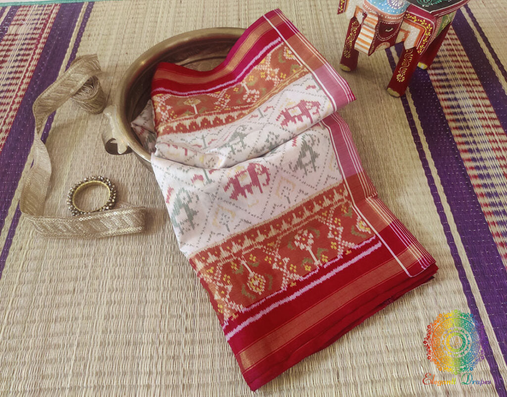 White Red Pure Mulberry Silk Rajkot Patola Saree