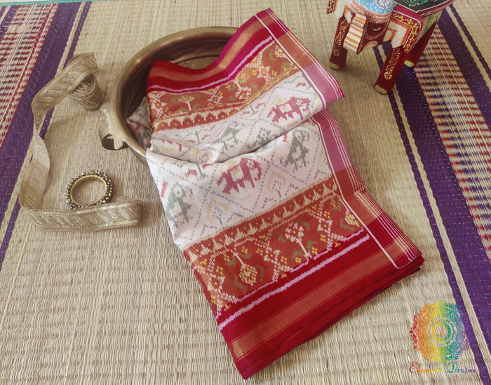 White Red Pure Mulberry Silk Rajkot Patola Saree