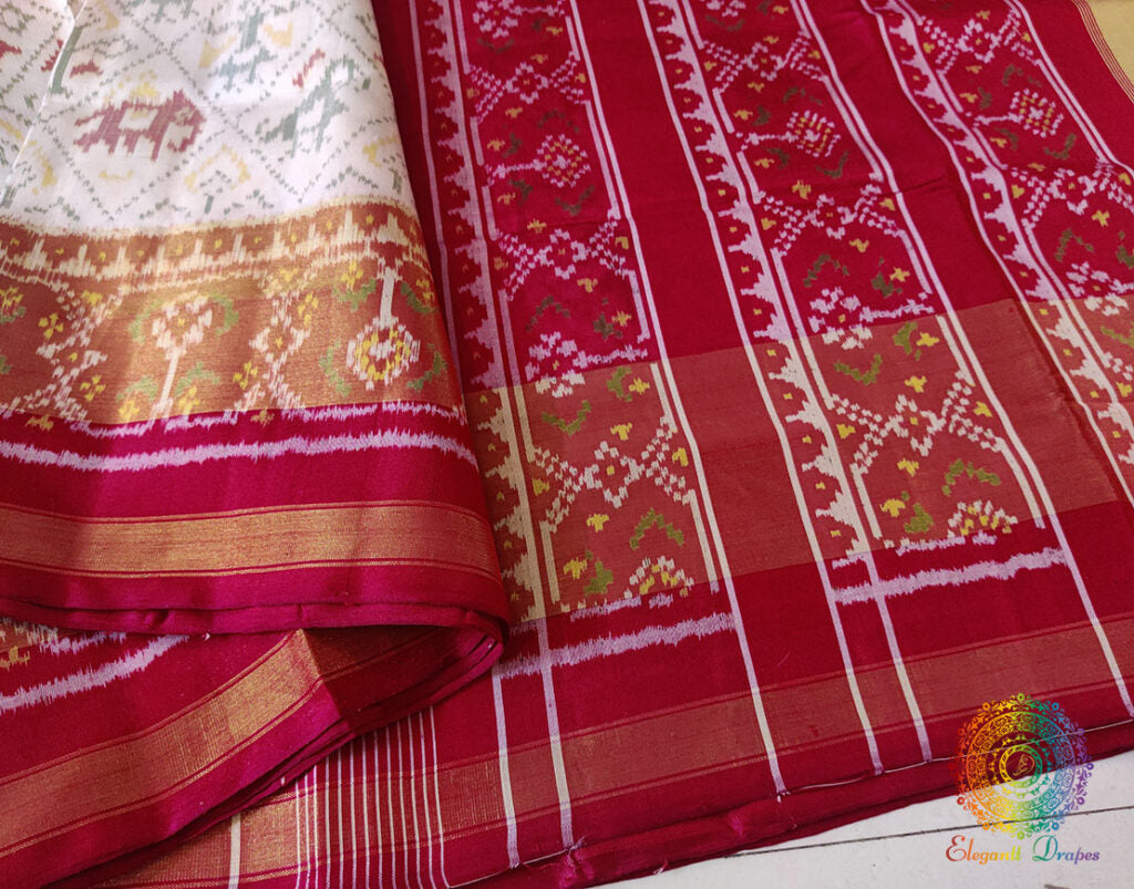 White Red Pure Mulberry Silk Rajkot Patola Saree