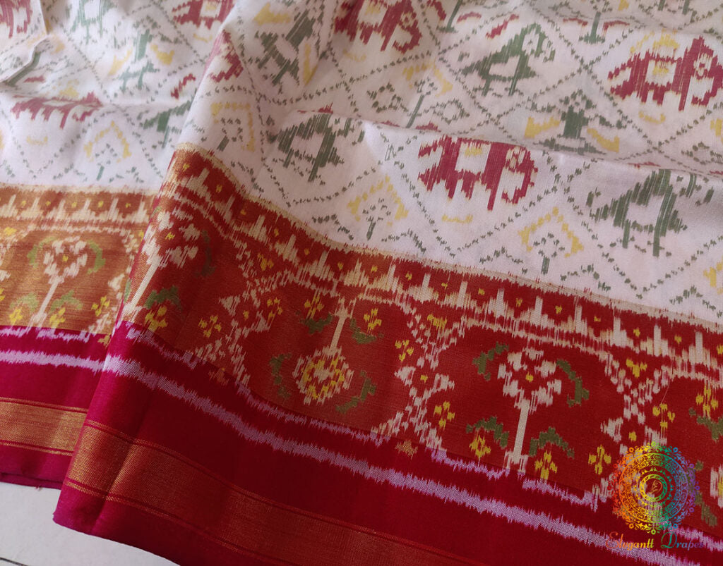 White Red Pure Mulberry Silk Rajkot Patola Saree