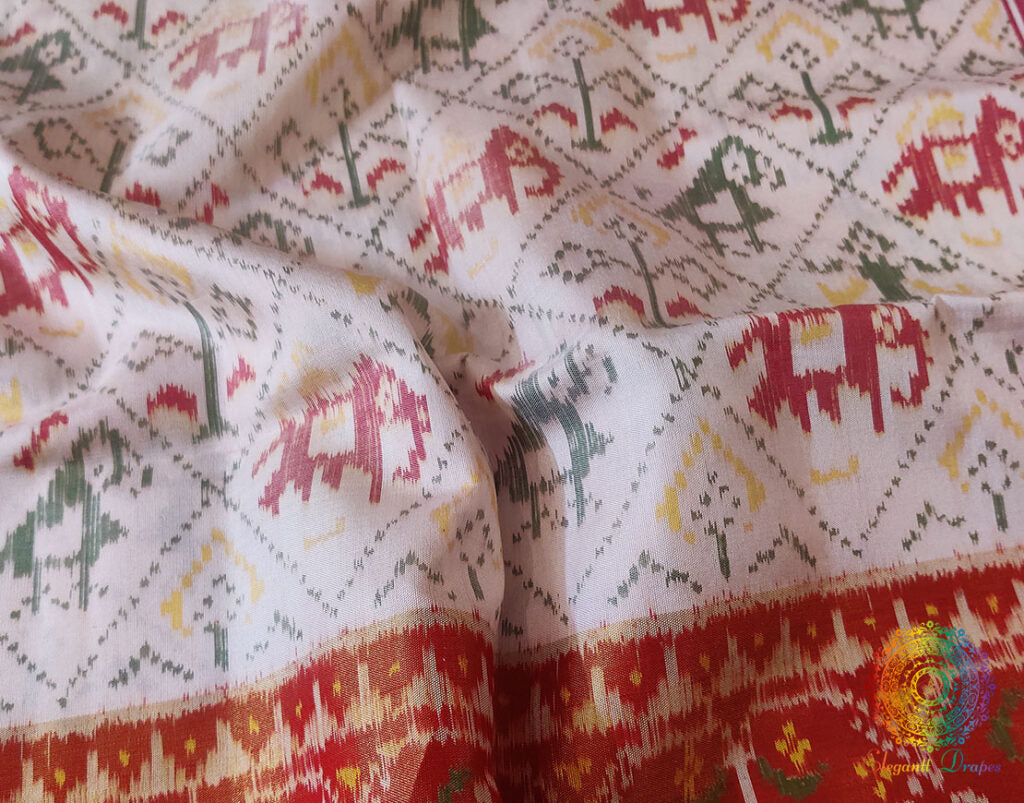White Red Pure Mulberry Silk Rajkot Patola Saree
