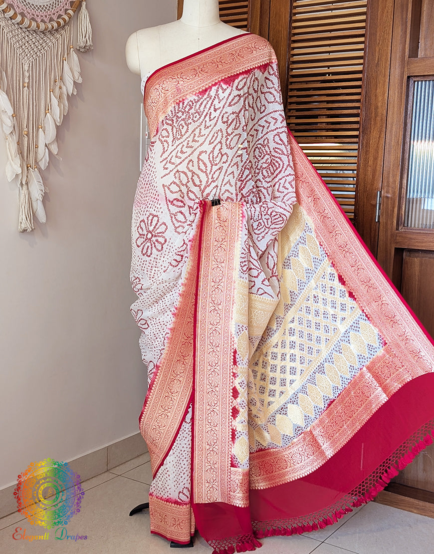 White Red Banarasi Pure Georgette Bandhani Saree – Bandhani Saree Online India | Elegantt Drapes