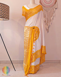 White Yellow Pure Gajji Silk Bandhani Saree – Bandhani Saree Online India | Elegantt Drapes