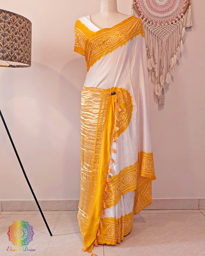 White Yellow Pure Gajji Silk Bandhani Saree – Bandhani Saree Online India | Elegantt Drapes