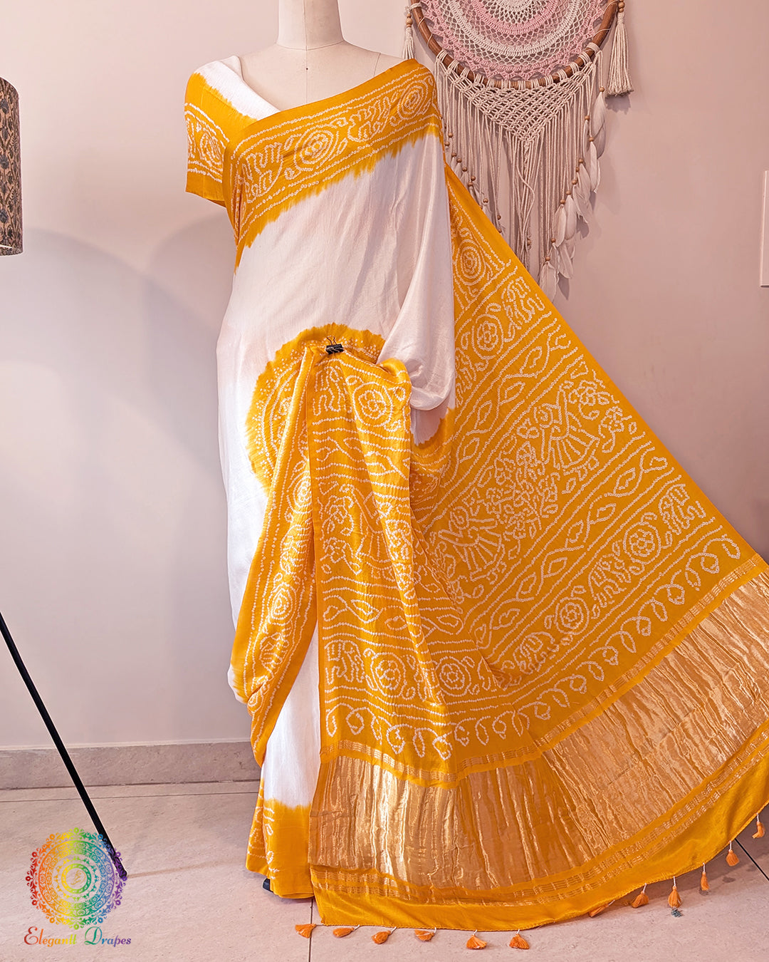 White Yellow Pure Gajji Silk Bandhani Saree – Bandhani Saree Online India | Elegantt Drapes