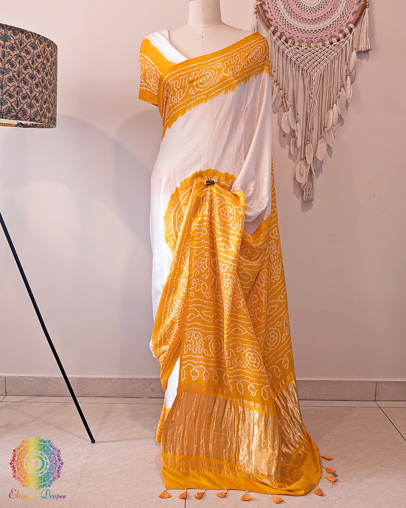 White Yellow Pure Gajji Silk Bandhani Saree – Bandhani Saree Online India | Elegantt Drapes