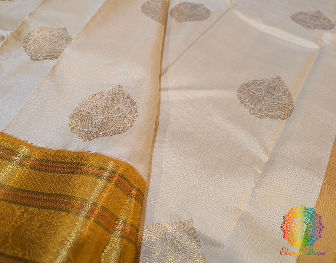 Off White Gold Pure Kanjivaram Silk Saree – Handloom Saree Online India | Elegantt Drapes
