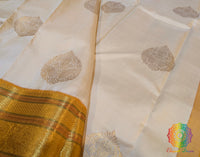 Off White Gold Pure Kanjivaram Silk Saree – Handloom Saree Online India | Elegantt Drapes