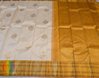 Off White Gold Pure Kanjivaram Silk Saree – Handloom Saree Online India | Elegantt Drapes