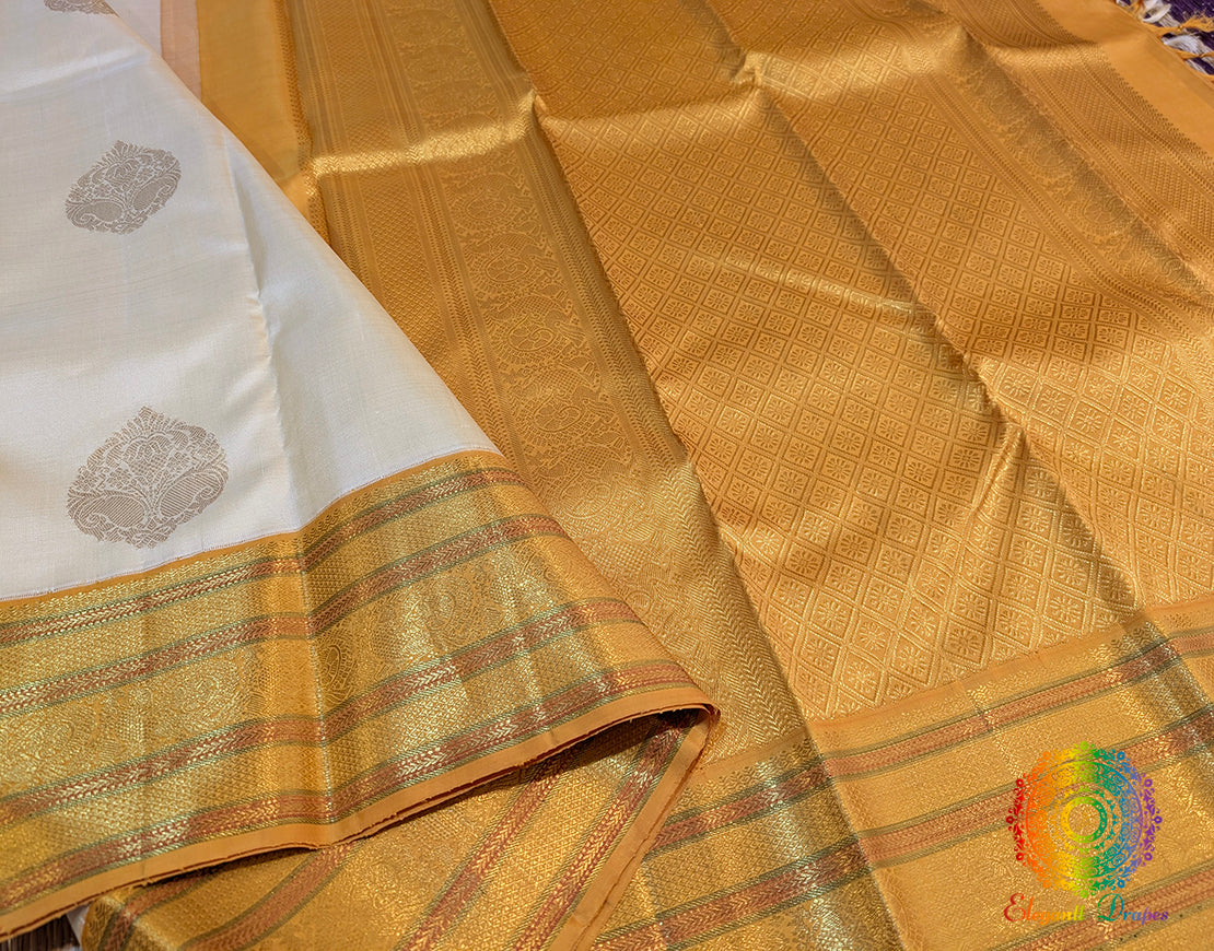 Off White Gold Pure Kanjivaram Silk Saree – Handloom Saree Online India | Elegantt Drapes