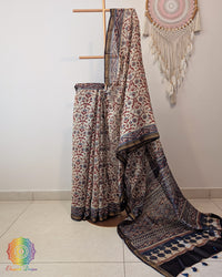 White Chanderi Ajrakh Saree – Ajrakh Saree Online India | Elegantt Drapes