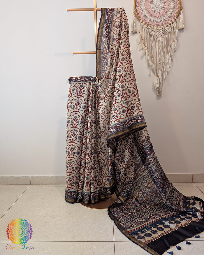 White Chanderi Ajrakh Saree – Ajrakh Saree Online India | Elegantt Drapes