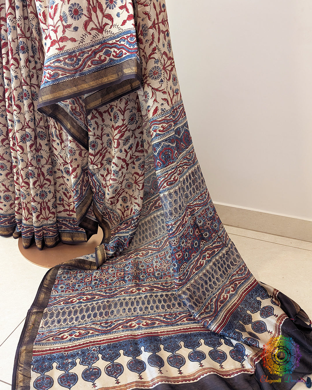 White Chanderi Ajrakh Saree – Ajrakh Saree Online India | Elegantt Drapes