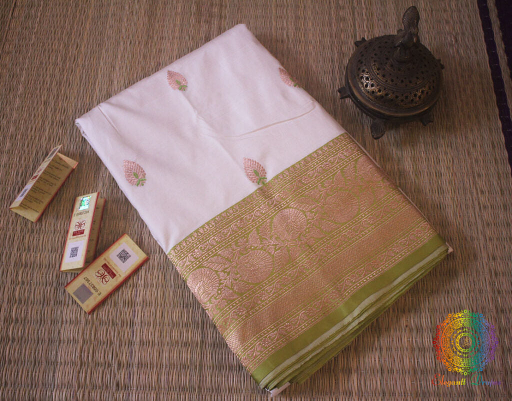 White Green Banarasi Handloom Pure Katan Silk Saree – Handloom Saree Online India | Elegantt Drapes