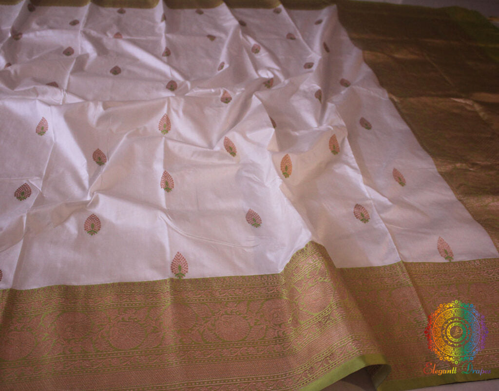 White Green Banarasi Handloom Pure Katan Silk Saree – Handloom Saree Online India | Elegantt Drapes