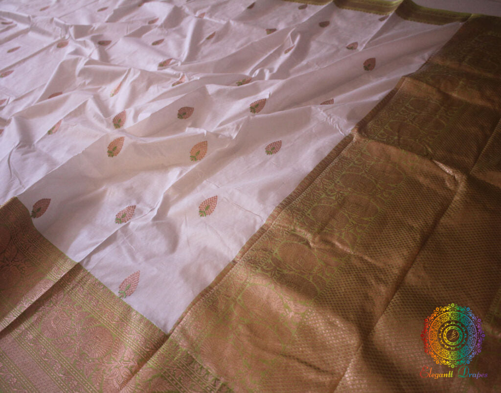 White Green Banarasi Handloom Pure Katan Silk Saree – Handloom Saree Online India | Elegantt Drapes