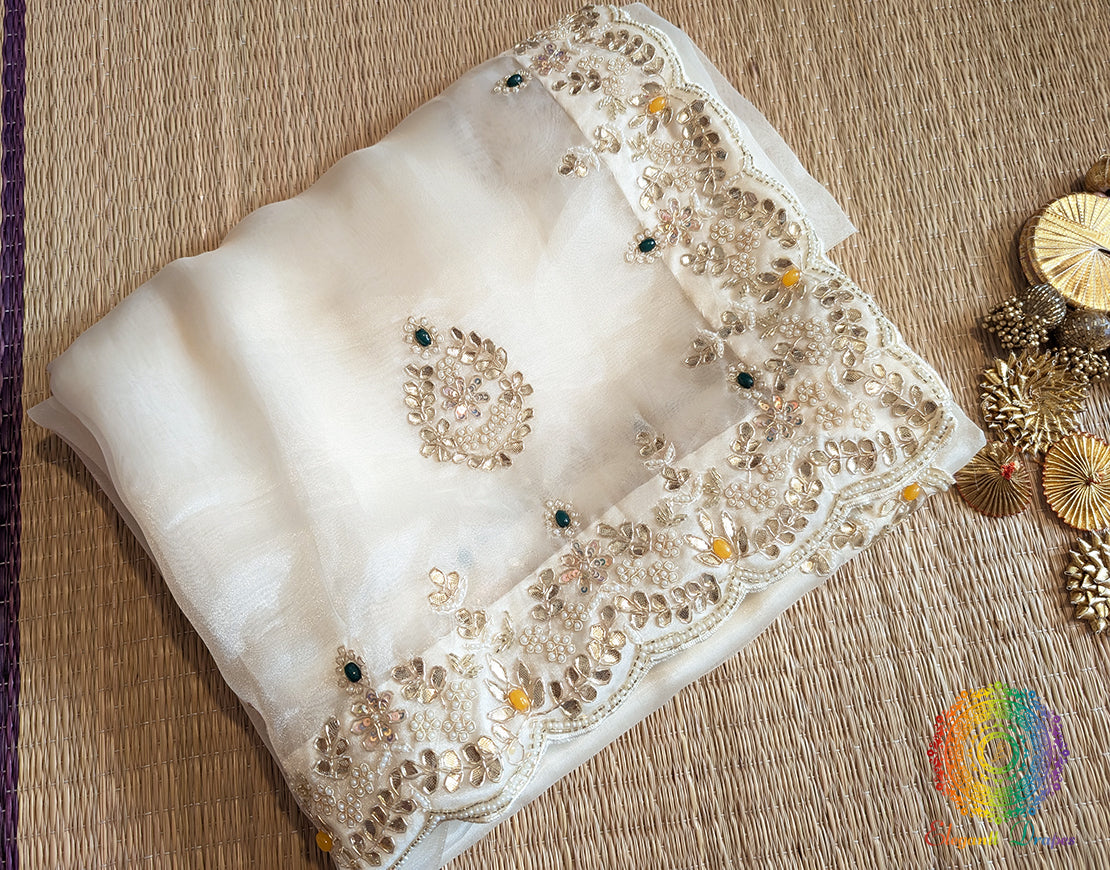 White Organza Gota Patti Handwork Saree – Handloom Saree Online India | Elegantt Drapes