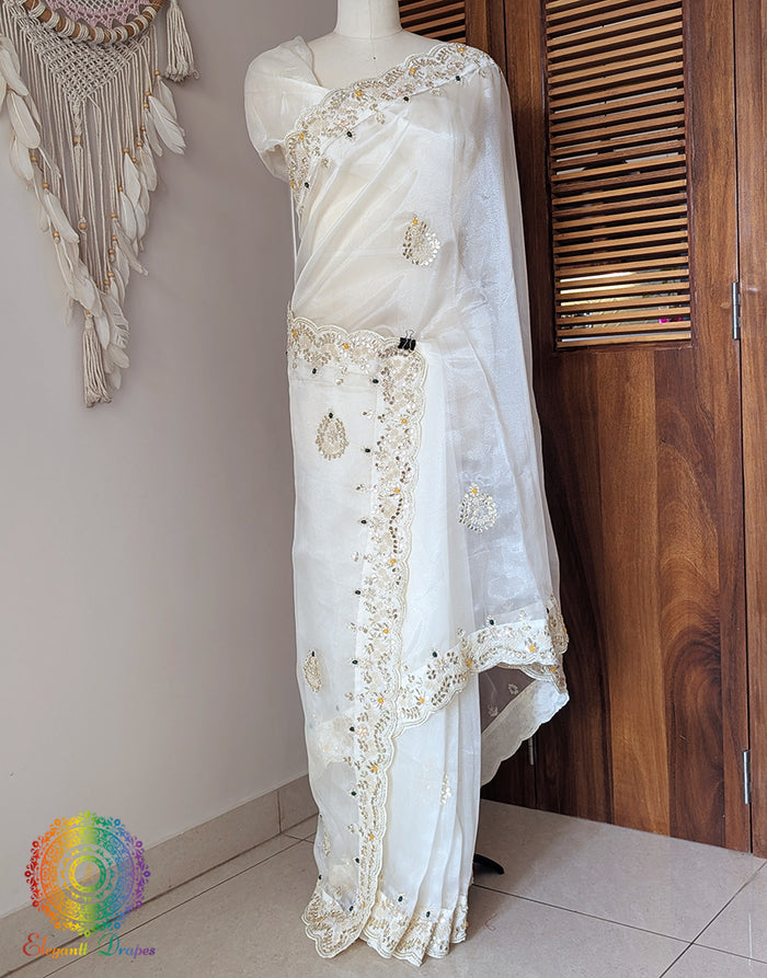 White Organza Gota Patti Handwork Saree – Handloom Saree Online India | Elegantt Drapes