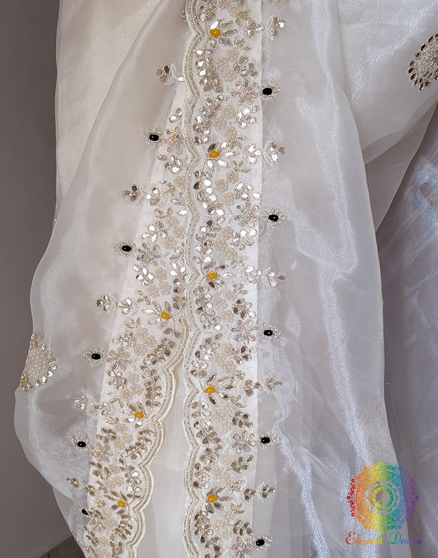 White Organza Gota Patti Handwork Saree – Handloom Saree Online India | Elegantt Drapes