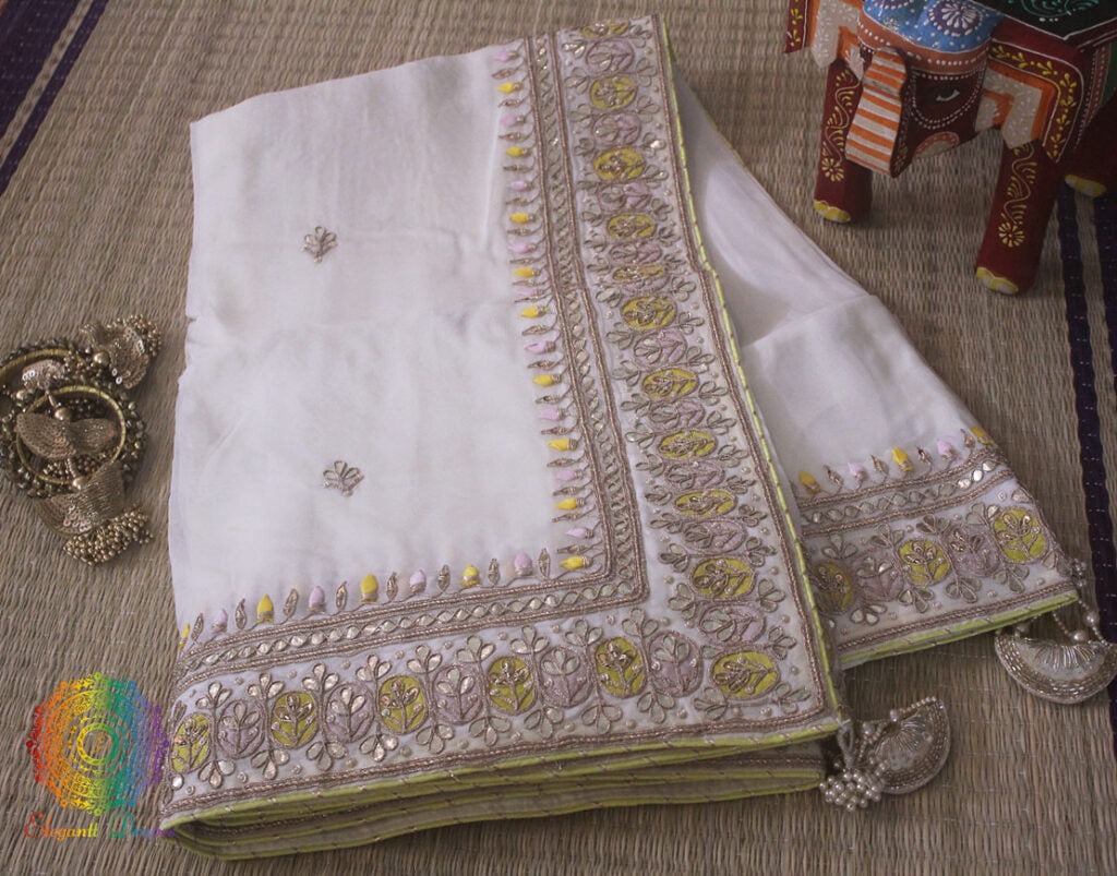 White Pure Organza Gota Patti Handwork Saree – Handloom Saree Online India | Elegantt Drapes
