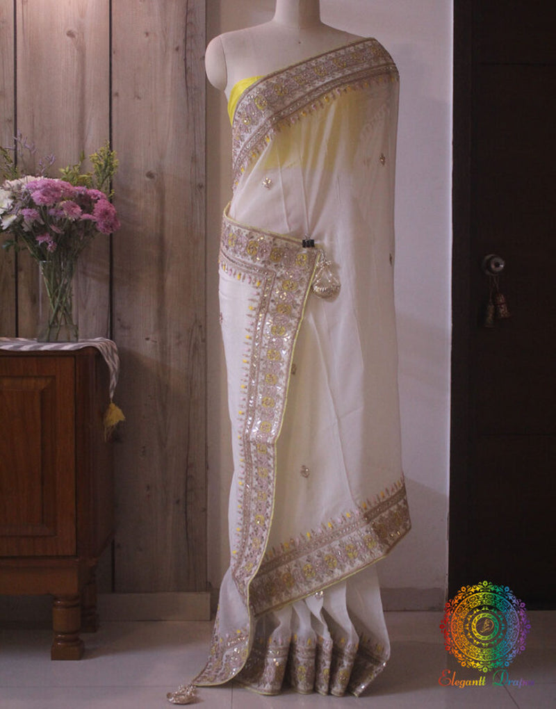White Pure Organza Gota Patti Handwork Saree – Handloom Saree Online India | Elegantt Drapes