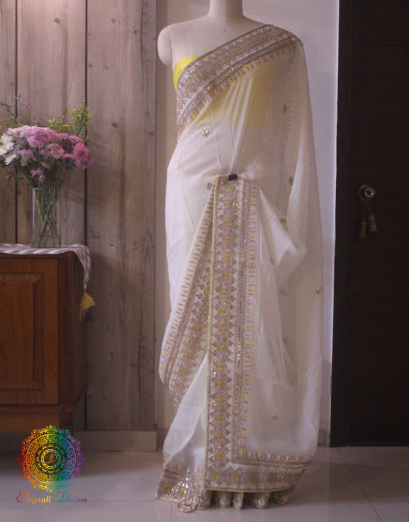 White Pure Organza Gota Patti Handwork Saree – Handloom Saree Online India | Elegantt Drapes
