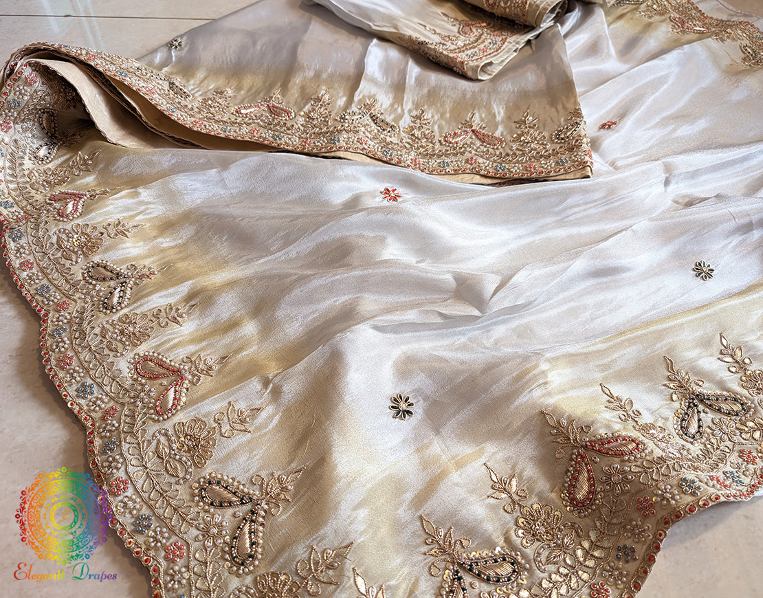 Off White Soft Silk Gota Patti Handwork Saree – Handloom Saree Online India | Elegantt Drapes