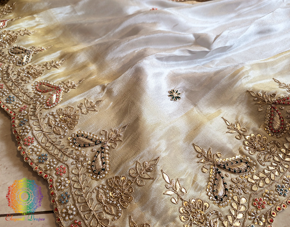 Off White Soft Silk Gota Patti Handwork Saree – Handloom Saree Online India | Elegantt Drapes