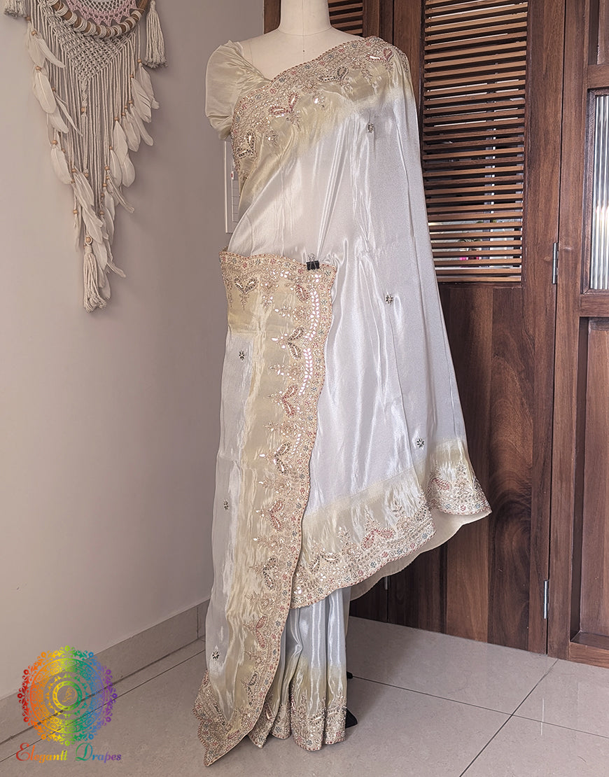 Off White Soft Silk Gota Patti Handwork Saree – Handloom Saree Online India | Elegantt Drapes
