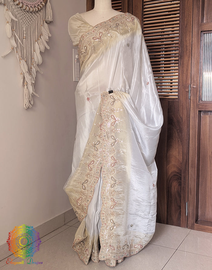 Off White Soft Silk Gota Patti Handwork Saree – Handloom Saree Online India | Elegantt Drapes