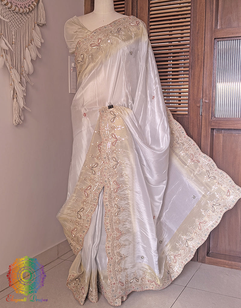 Off White Soft Silk Gota Patti Handwork Saree – Handloom Saree Online India | Elegantt Drapes