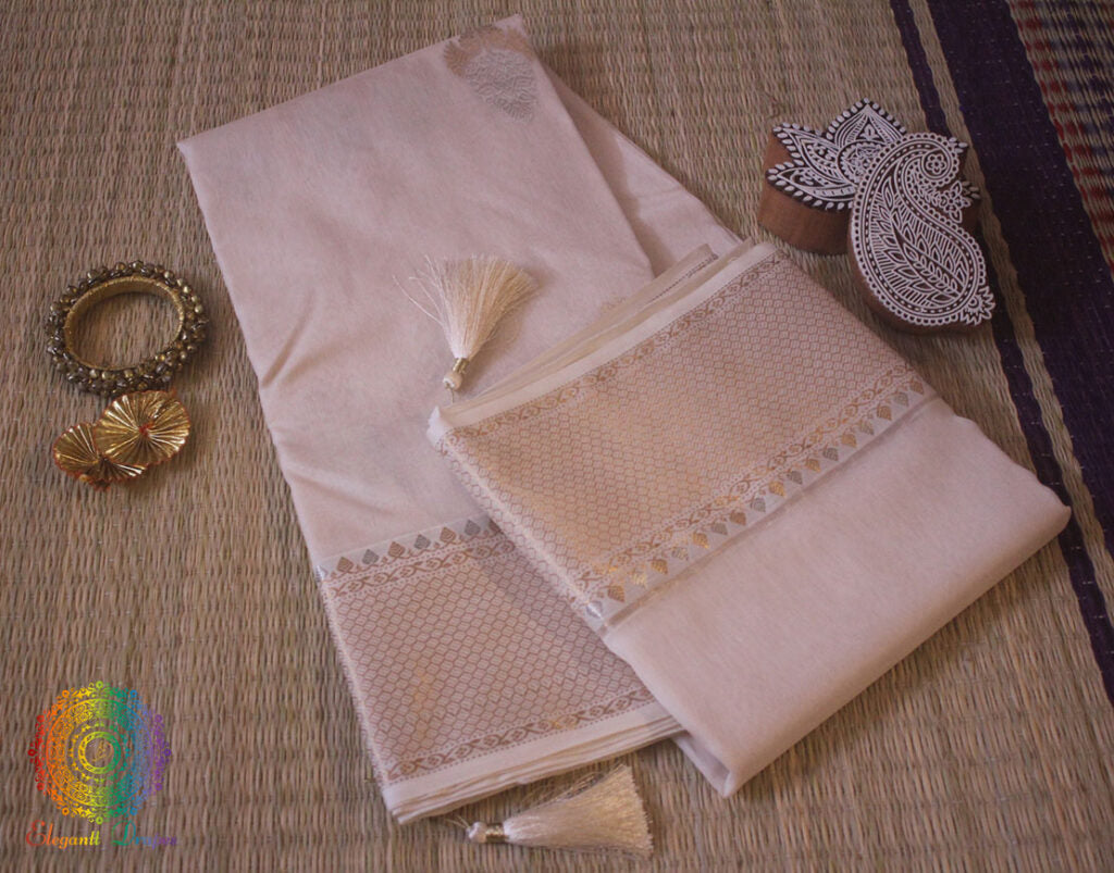 Off White Pure Chanderi Handloom Pattu Silk Saree – Handloom Saree Online India | Elegantt Drapes