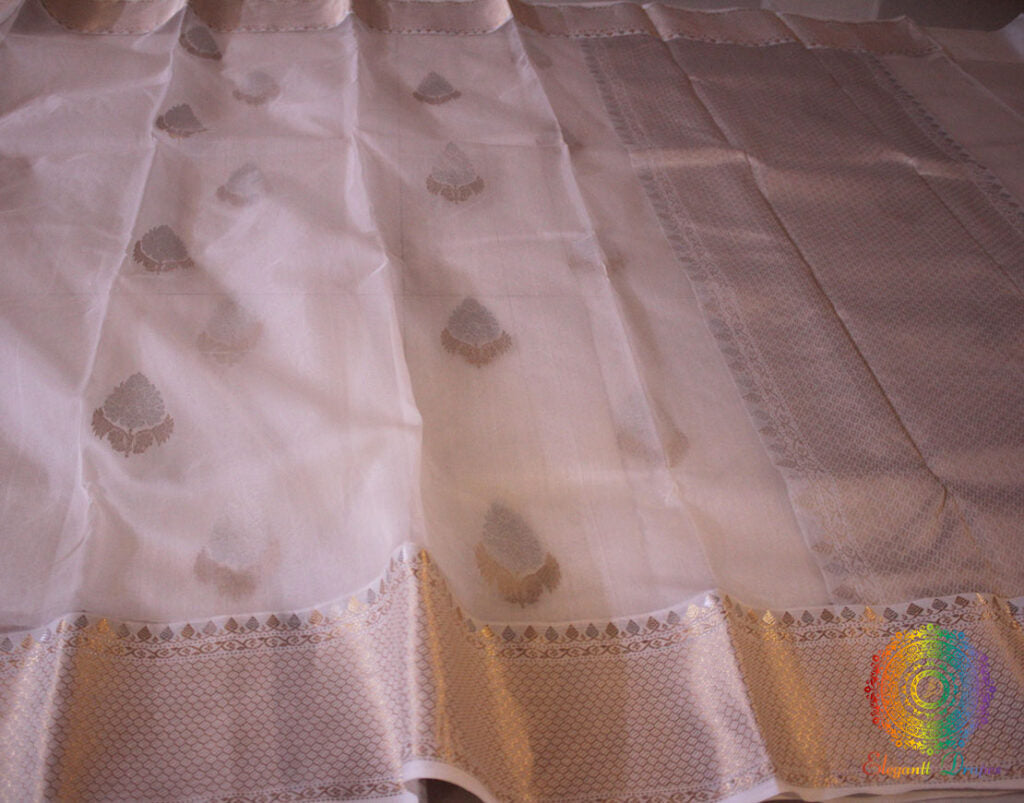 Off White Pure Chanderi Handloom Pattu Silk Saree – Handloom Saree Online India | Elegantt Drapes