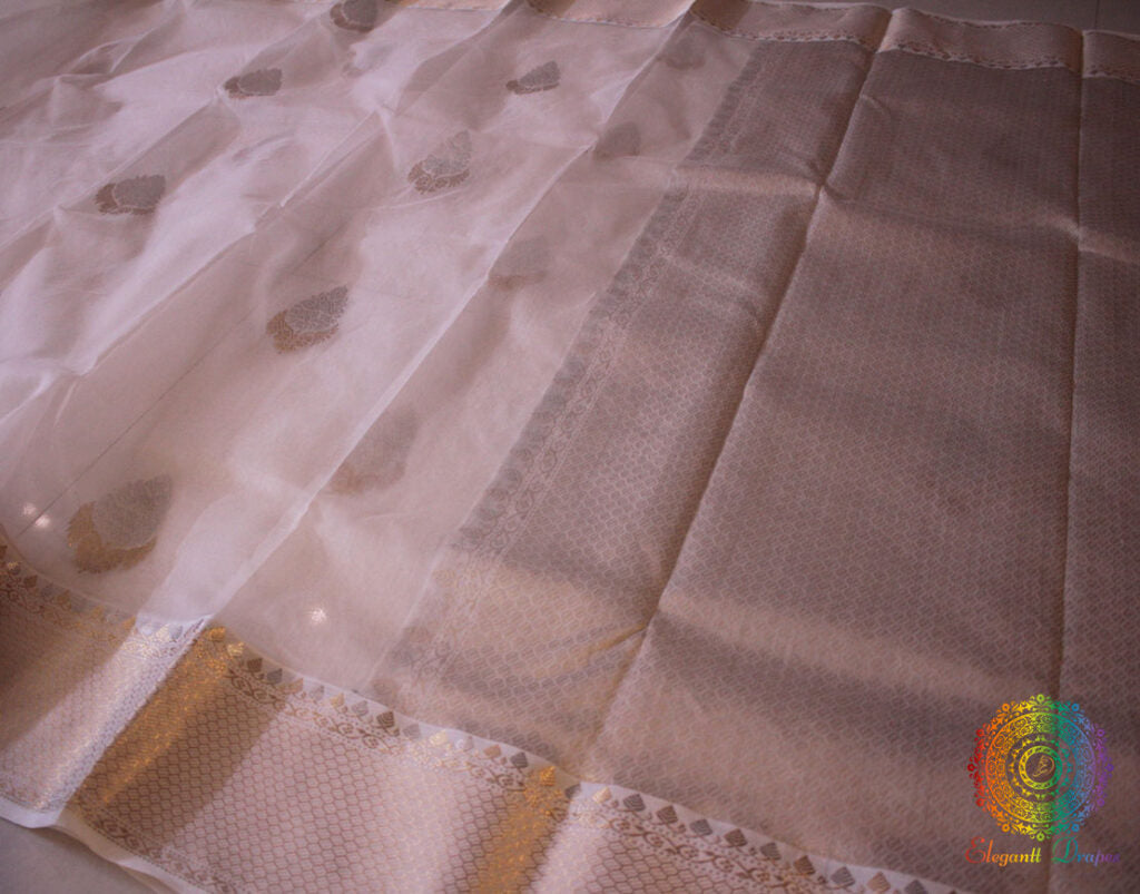 Off White Pure Chanderi Handloom Pattu Silk Saree – Handloom Saree Online India | Elegantt Drapes