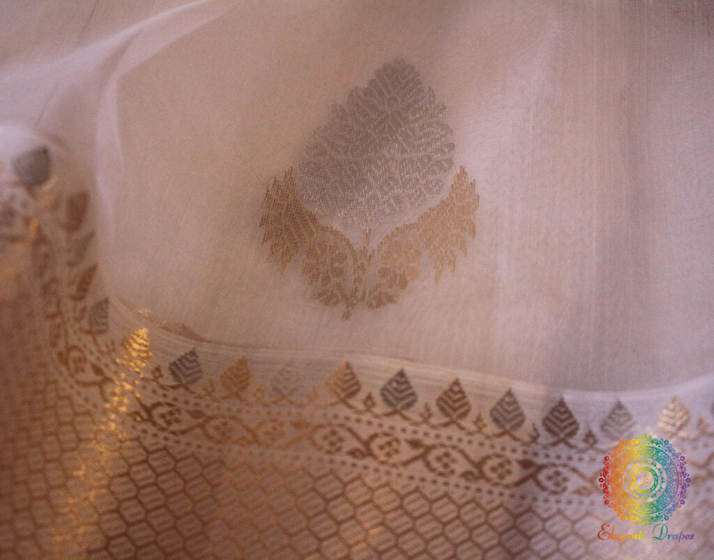 Off White Pure Chanderi Handloom Pattu Silk Saree – Handloom Saree Online India | Elegantt Drapes