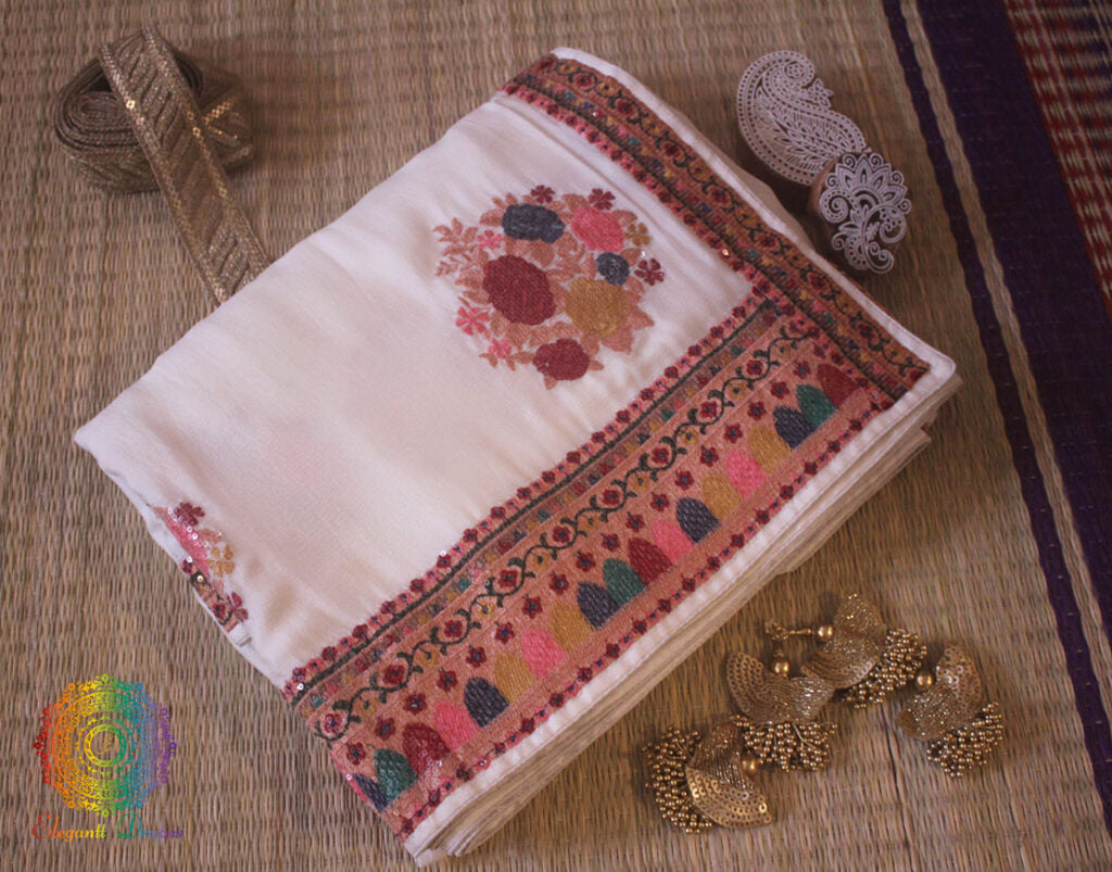 White Pure Chinon Crepe Sequins Work Saree – Handloom Saree Online India | Elegantt Drapes