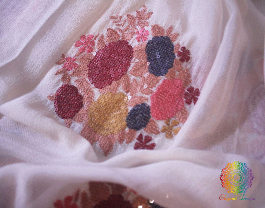 White Pure Chinon Crepe Sequins Work Saree – Handloom Saree Online India | Elegantt Drapes