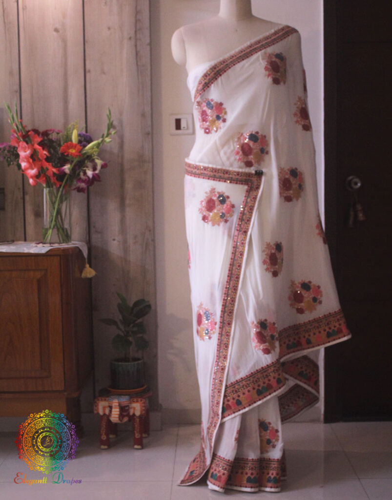 White Pure Chinon Crepe Sequins Work Saree – Handloom Saree Online India | Elegantt Drapes