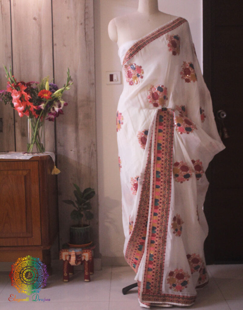 White Pure Chinon Crepe Sequins Work Saree – Handloom Saree Online India | Elegantt Drapes