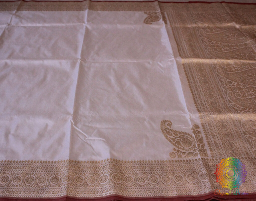 White Banarasi Handloom Pure Katan Silk Konia Saree – Handloom Saree Online India | Elegantt Drapes