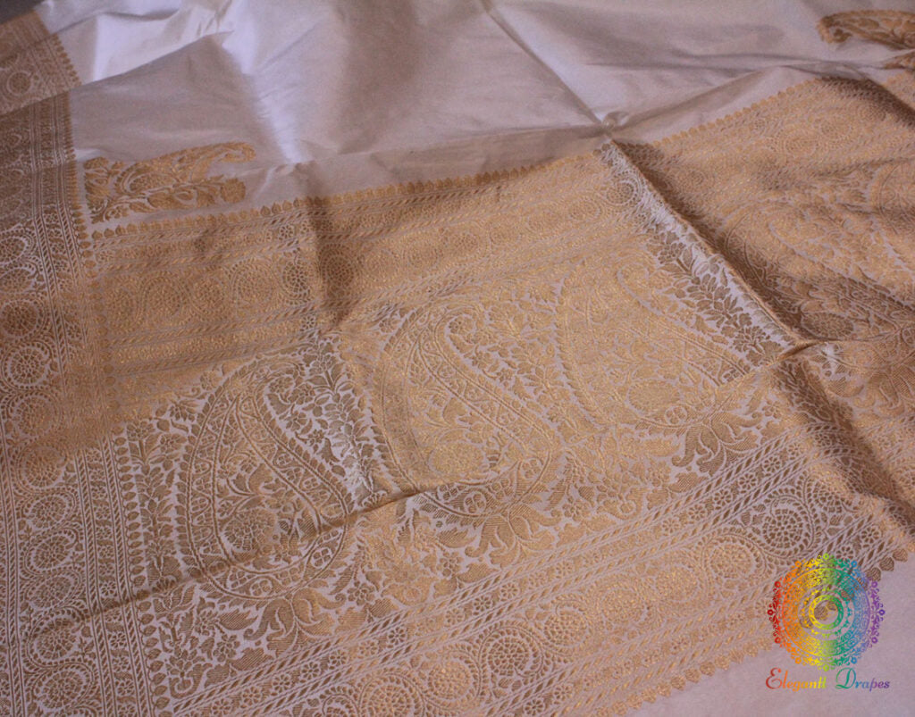 White Banarasi Handloom Pure Katan Silk Konia Saree – Handloom Saree Online India | Elegantt Drapes