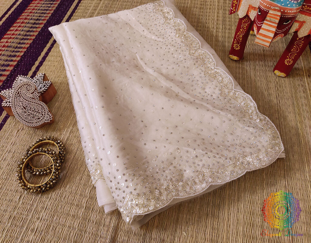 Off White Pure Organza Silk Handwork Saree – Handloom Saree Online India | Elegantt Drapes